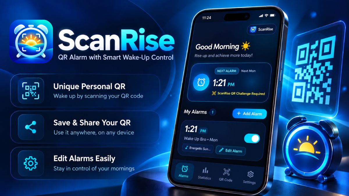 Scan Rise smart QR barcode alarm clock app banner